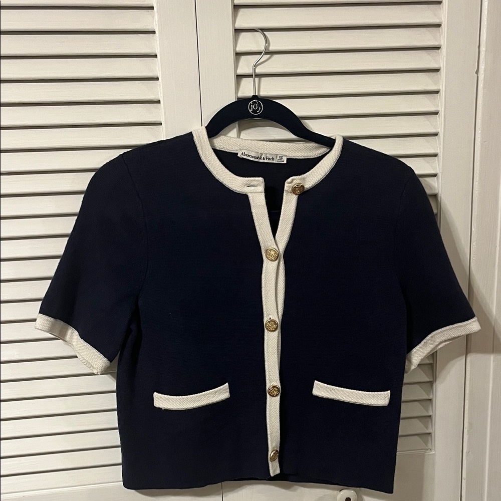 Abercrombie & Fitch Navy and Cream Short Sleeve Cardigan